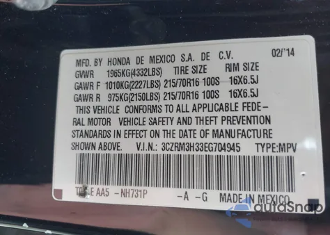 2014 Honda Cr-V Lx from USA, damaged, VIN 3CZRM3H33EG704945